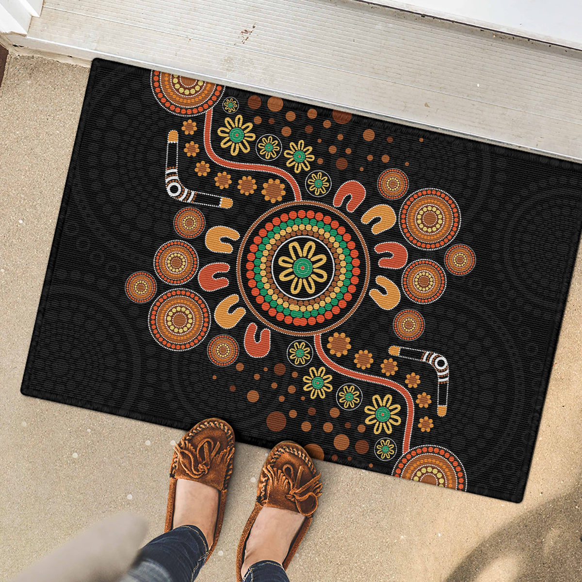 Aboriginal Dots Art Painting With Boomerang Rubber Doormat