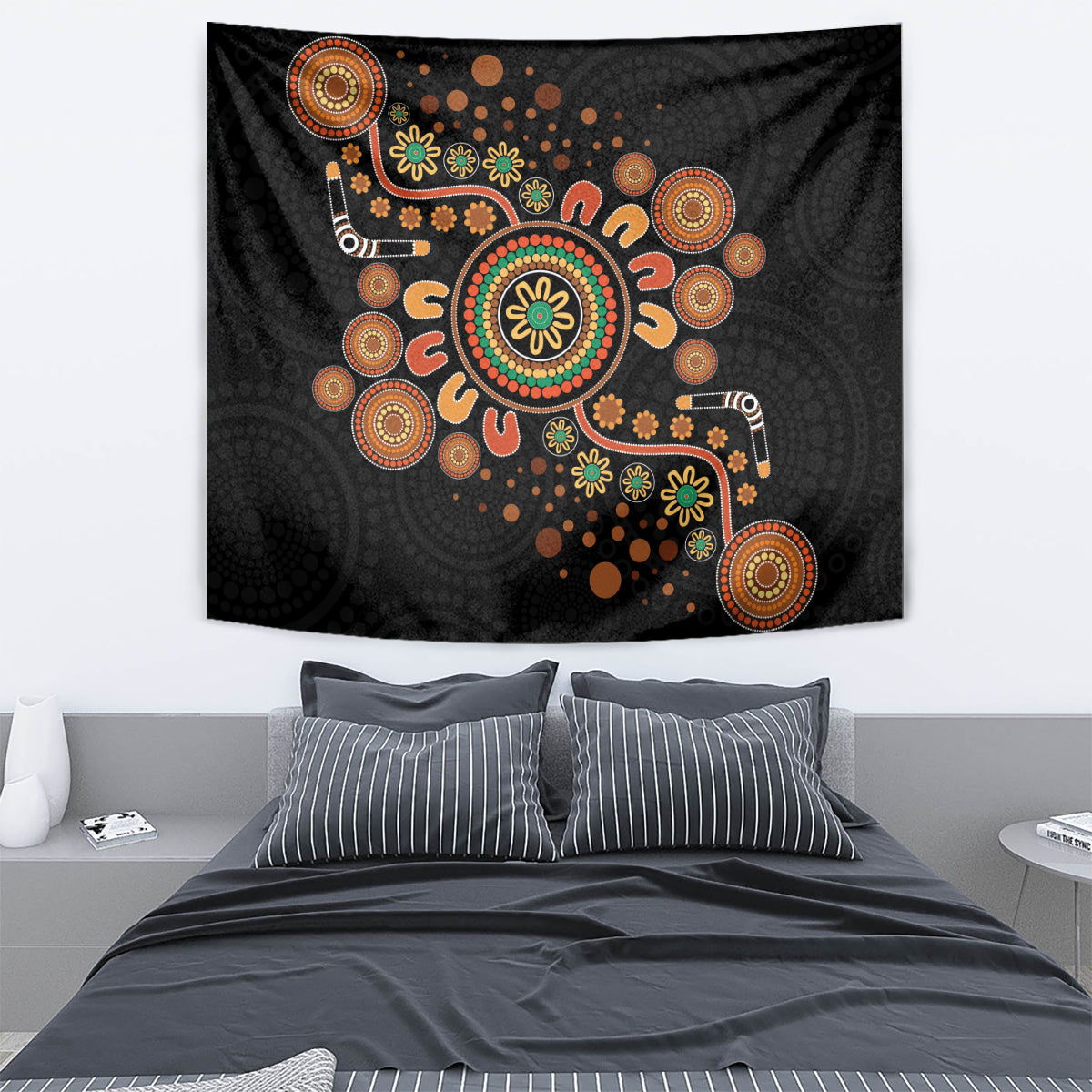 Aboriginal Dots Art Painting With Boomerang Tapestry