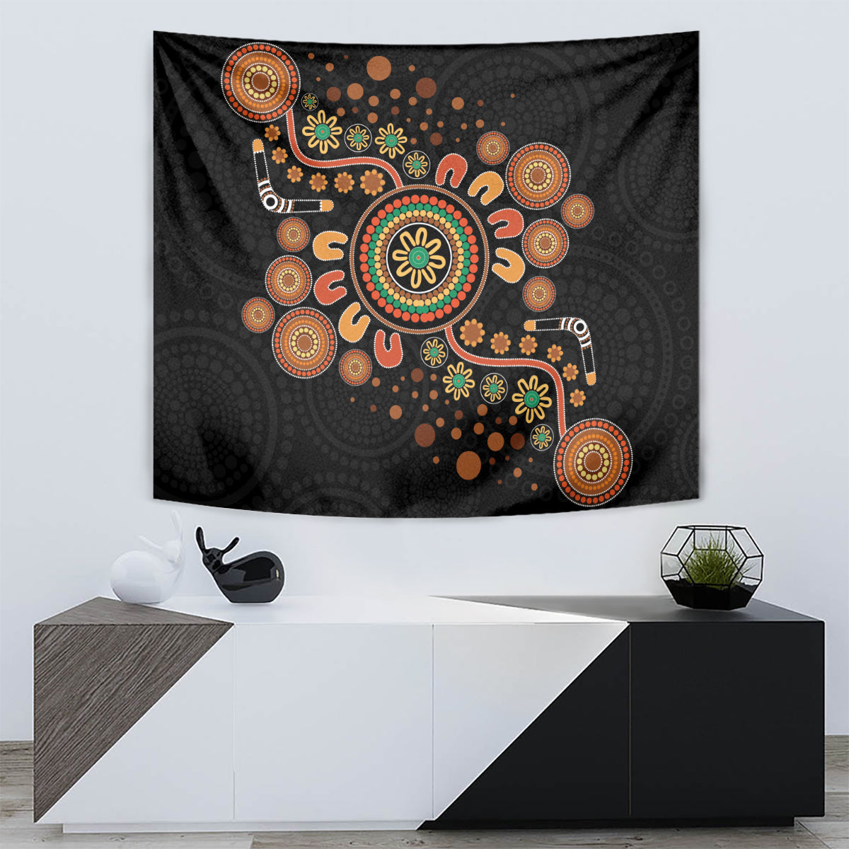 Aboriginal Dots Art Painting With Boomerang Tapestry