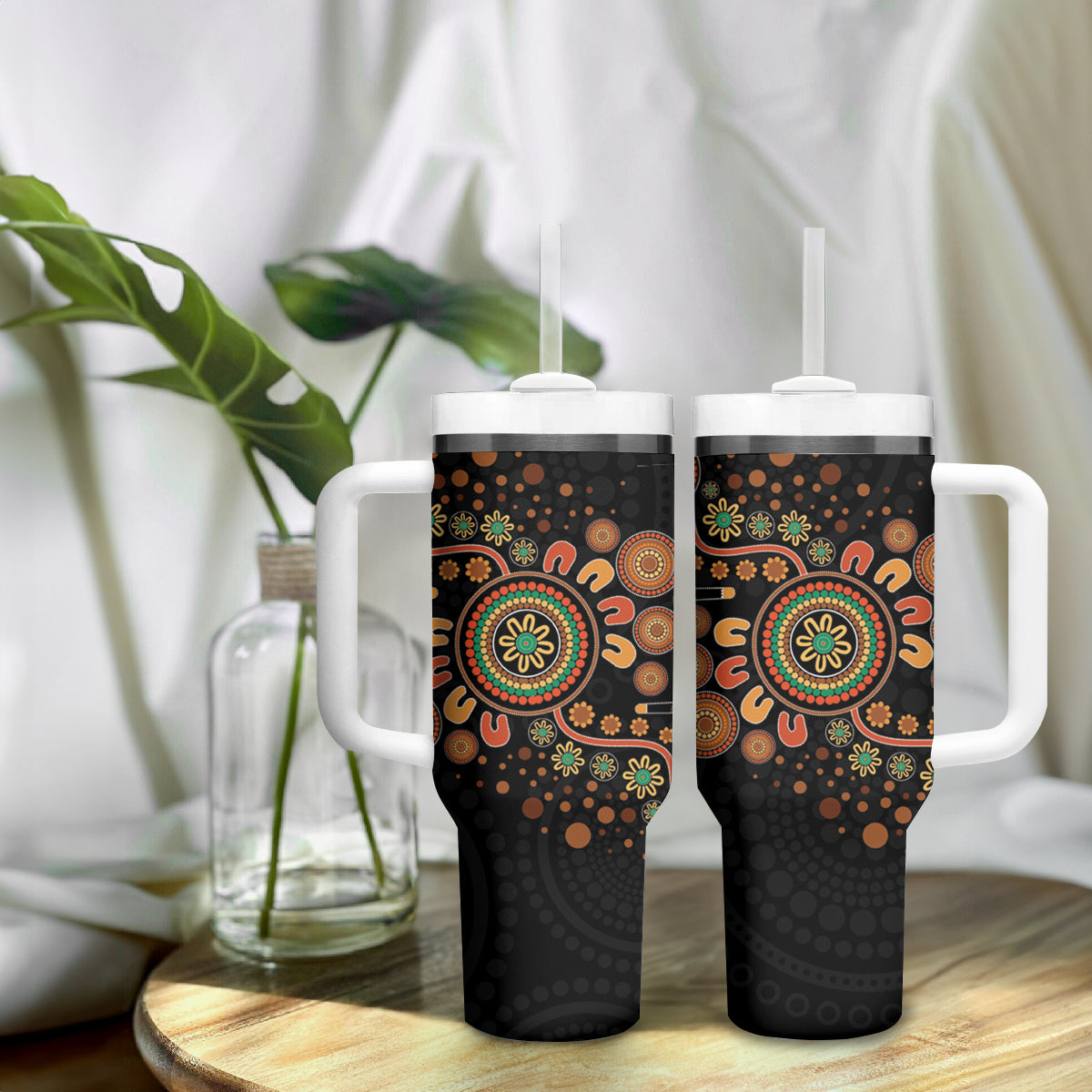 Aboriginal Dots Art Painting With Boomerang Tumbler With Handle
