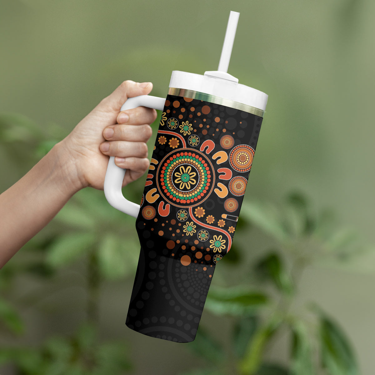 Aboriginal Dots Art Painting With Boomerang Tumbler With Handle