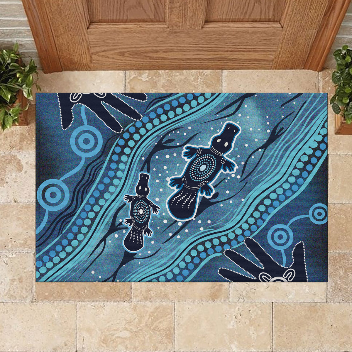 Aboriginal Dots Art Painting with Platypus Rubber Doormat No 1