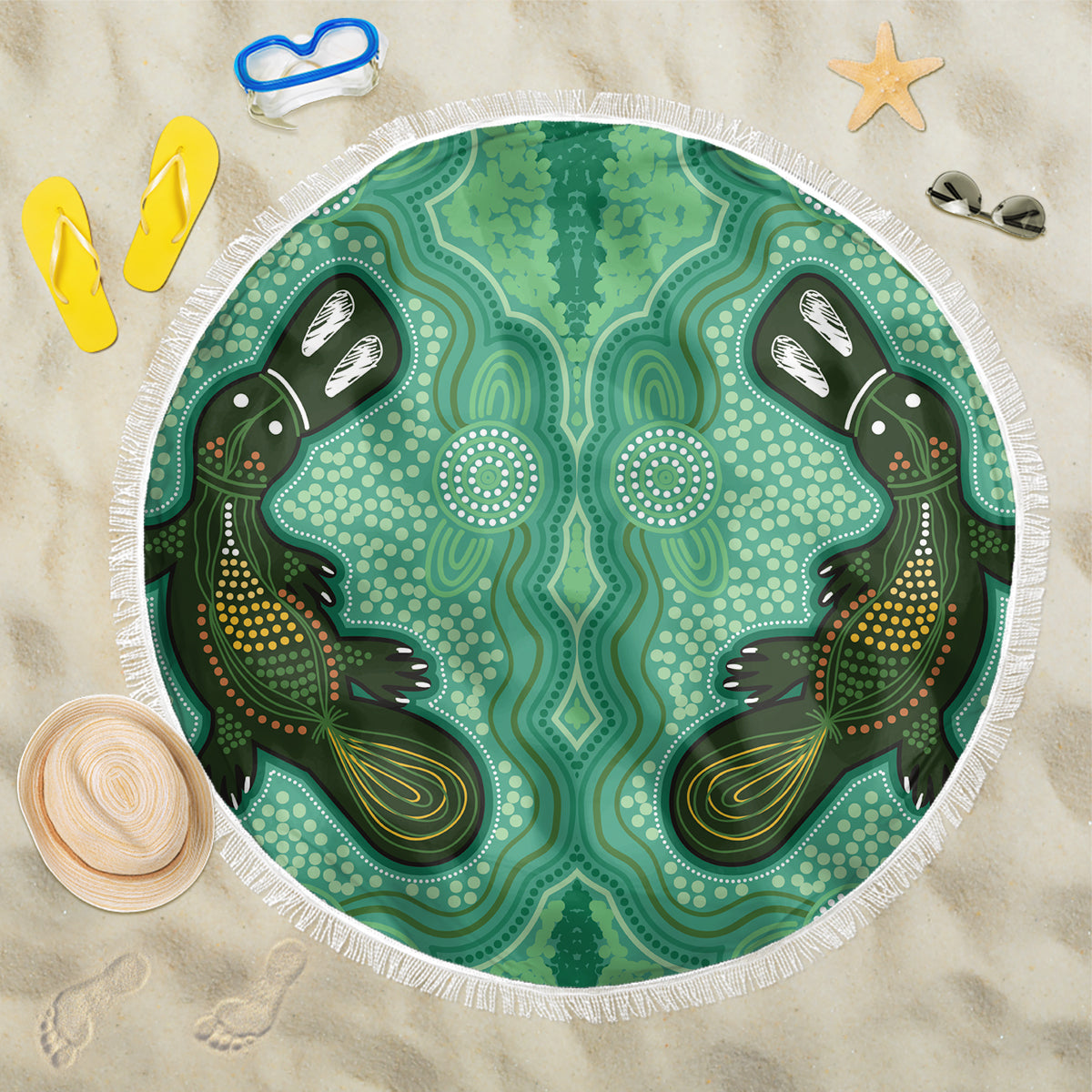 Aboriginal Dots Art Painting with Platypus Beach Blanket No 2