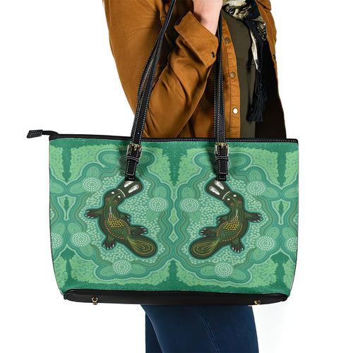 Aboriginal Dots Art Painting with Platypus Leather Tote Bag No 2