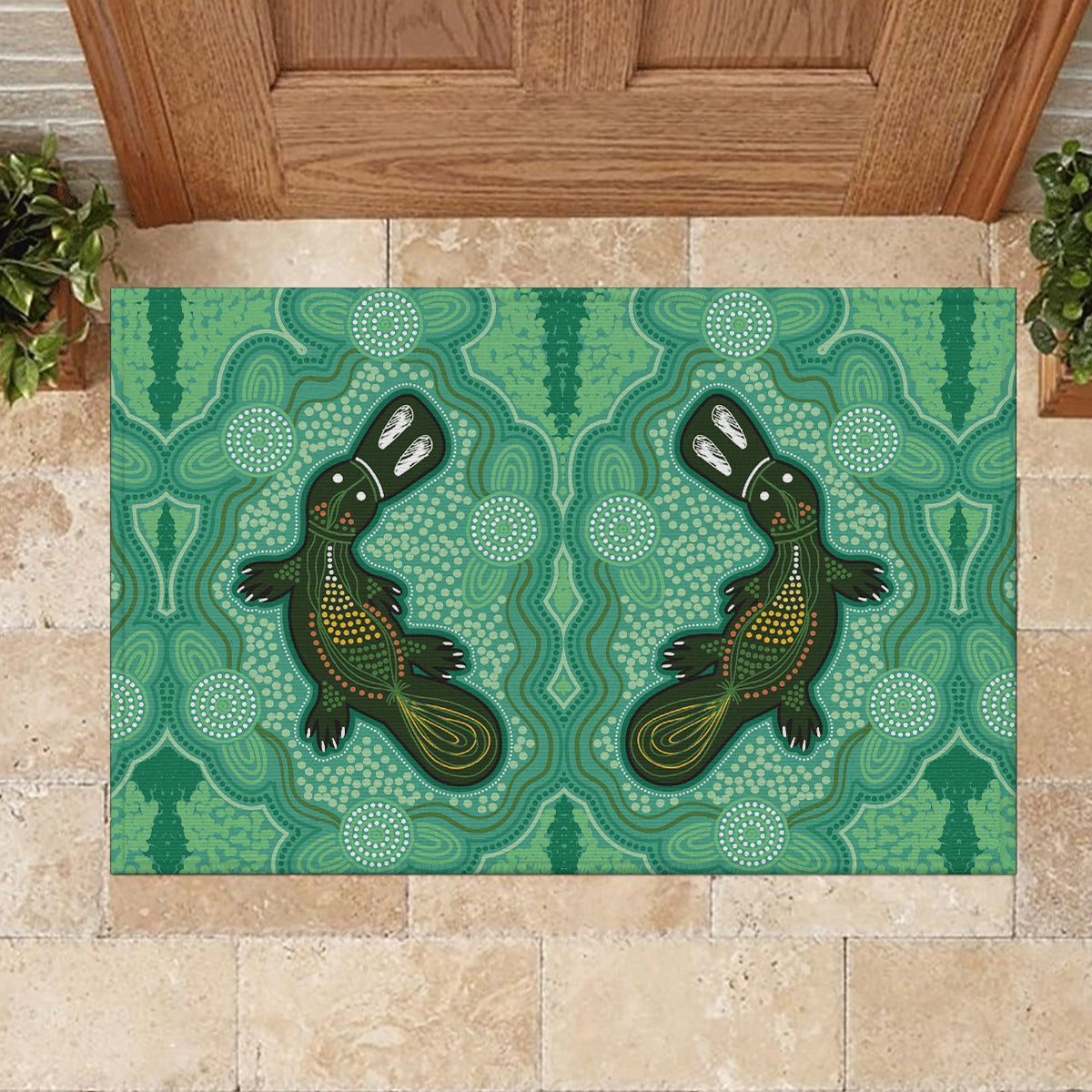 Aboriginal Dots Art Painting with Platypus Rubber Doormat No 2