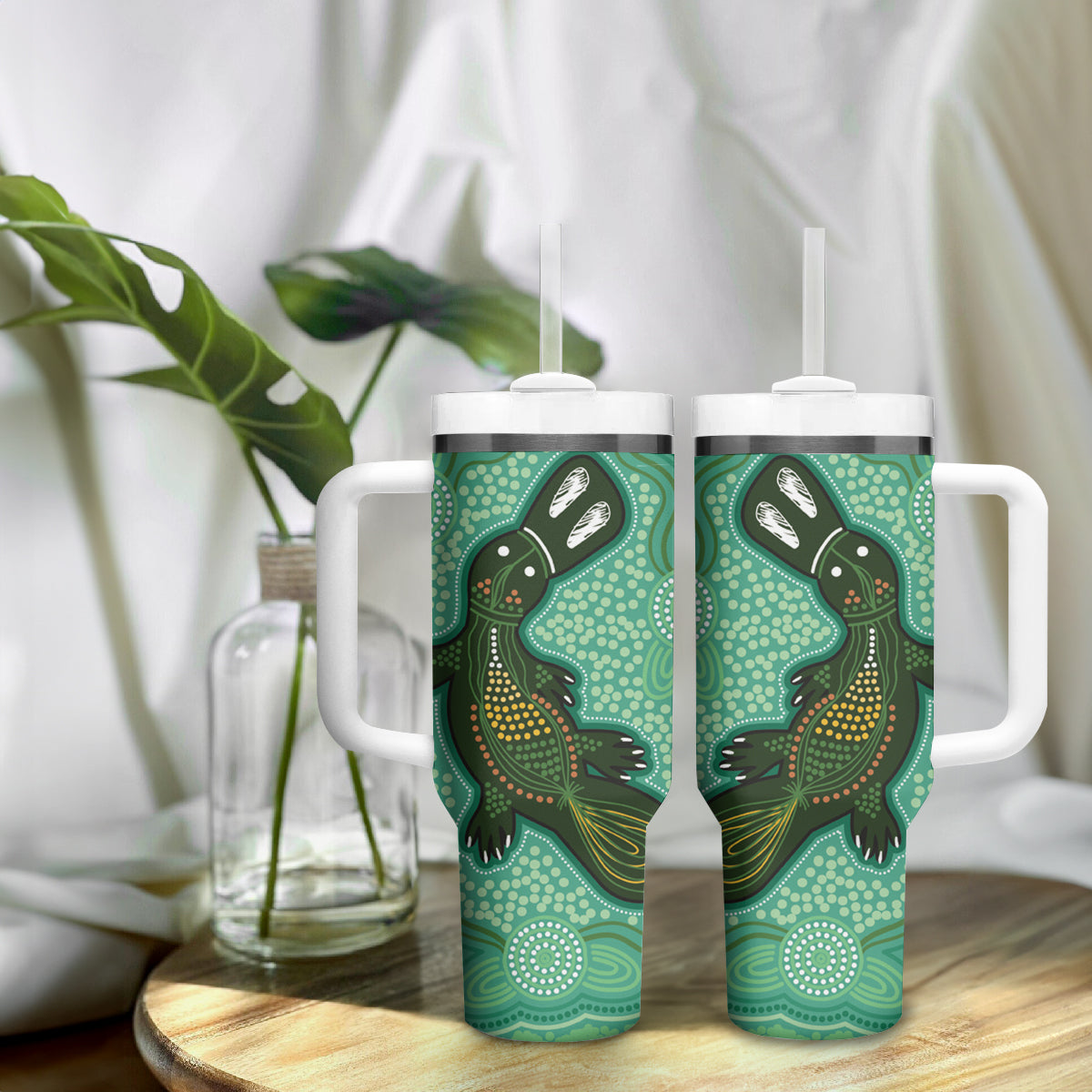 Aboriginal Dots Art Painting with Platypus Tumbler With Handle No 2
