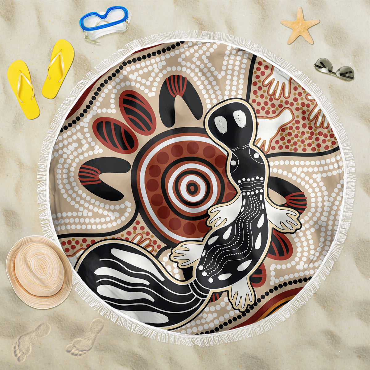 Aboriginal Dots Art Painting with Platypus Beach Blanket No 3