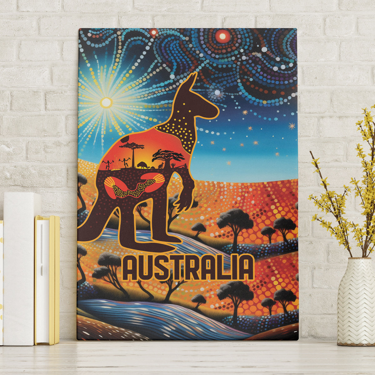 Aboriginal Dots Stary Sky With Kangaroo Canvas Wall Art
