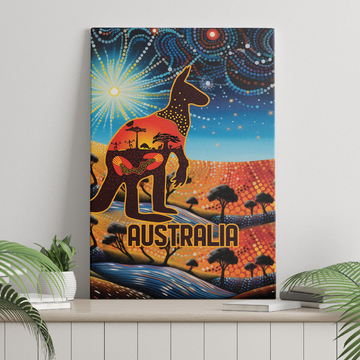 Aboriginal Dots Stary Sky With Kangaroo Canvas Wall Art