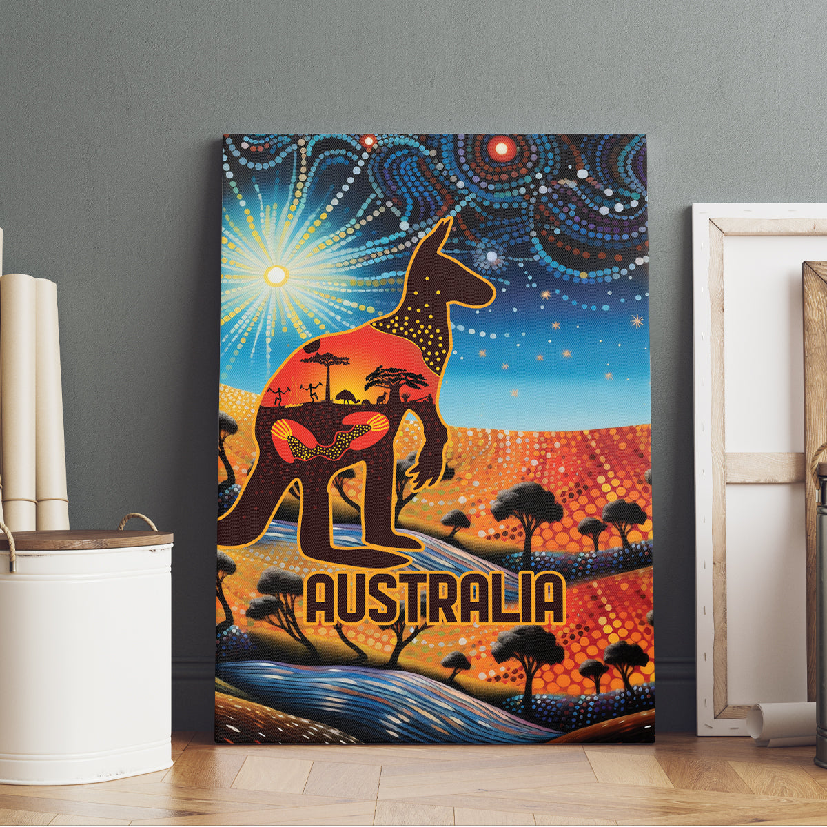Aboriginal Dots Stary Sky With Kangaroo Canvas Wall Art