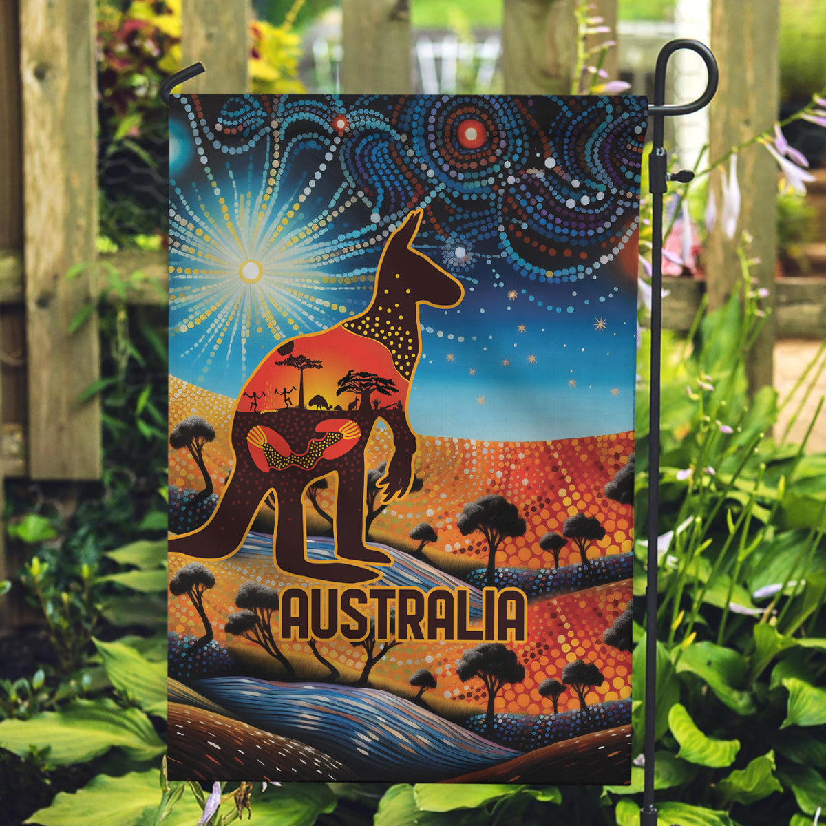 Aboriginal Dots Stary Sky With Kangaroo Garden Flag