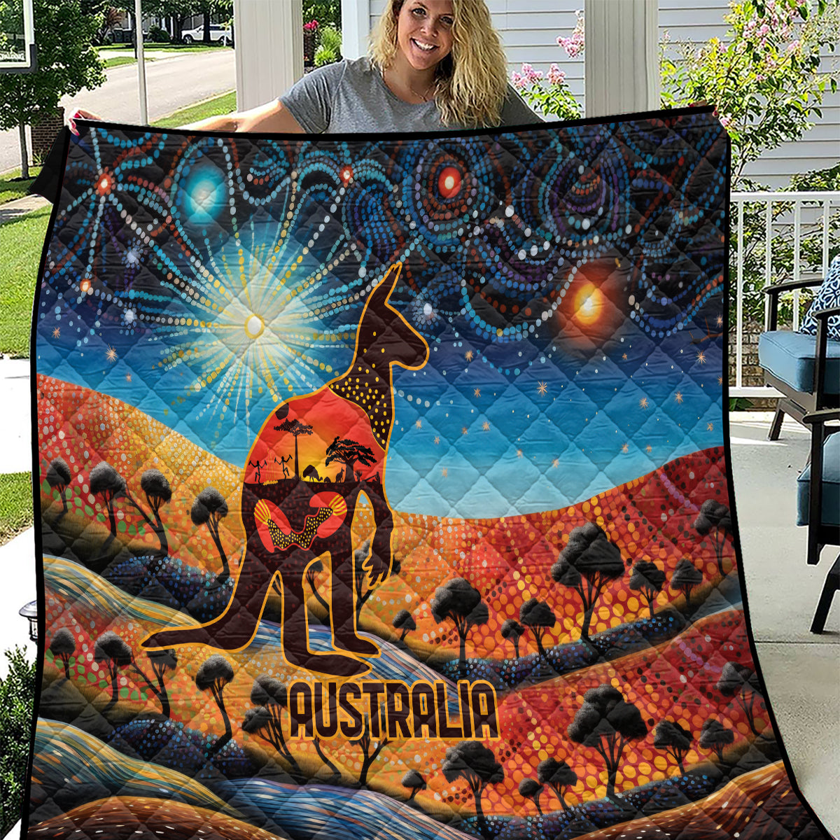 Aboriginal Dots Stary Sky With Kangaroo Quilt