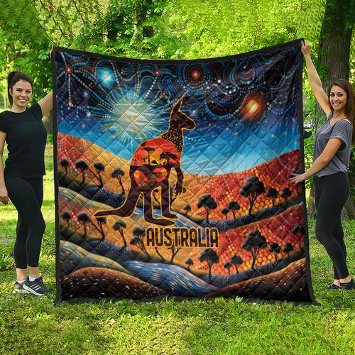 Aboriginal Dots Stary Sky With Kangaroo Quilt