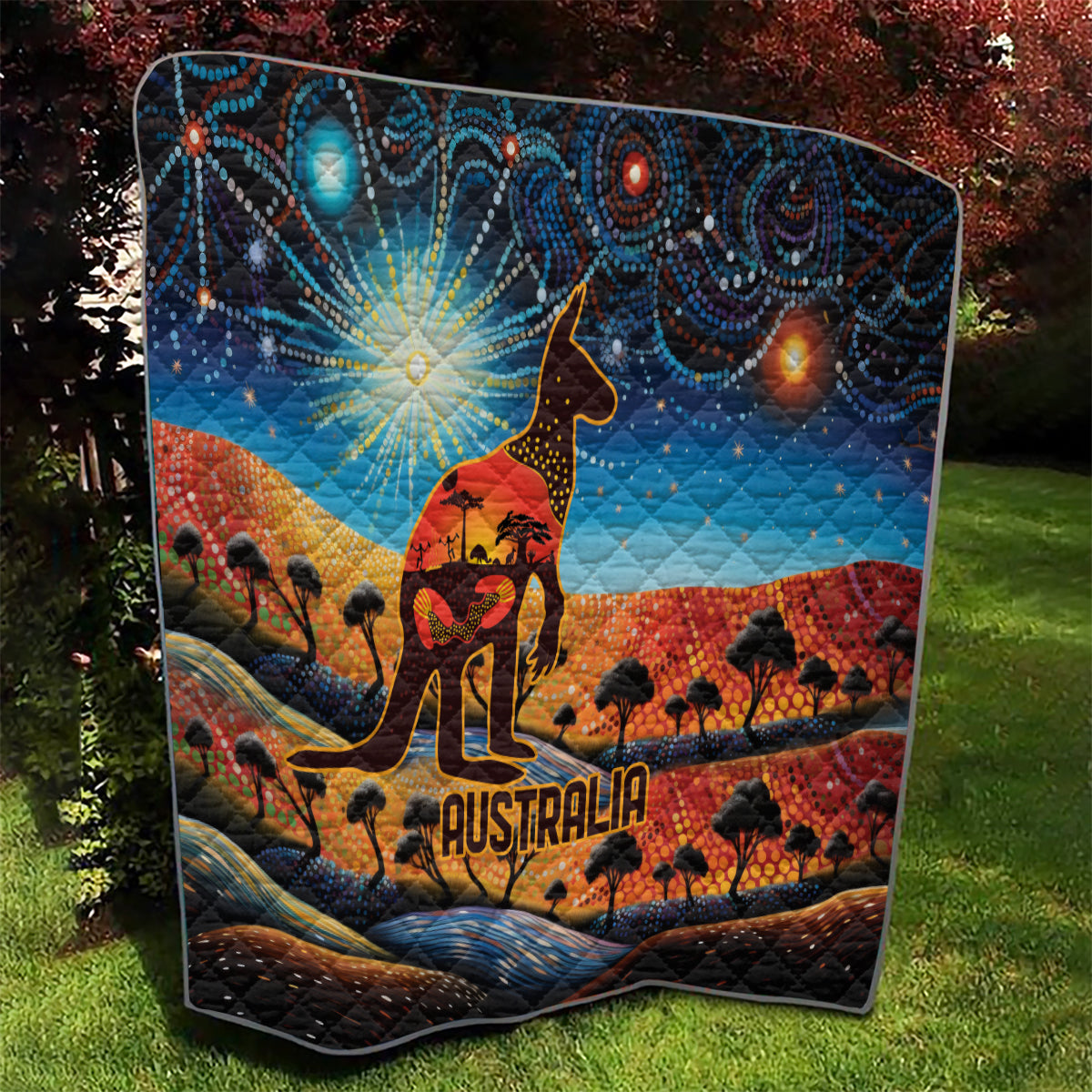 Aboriginal Dots Stary Sky With Kangaroo Quilt