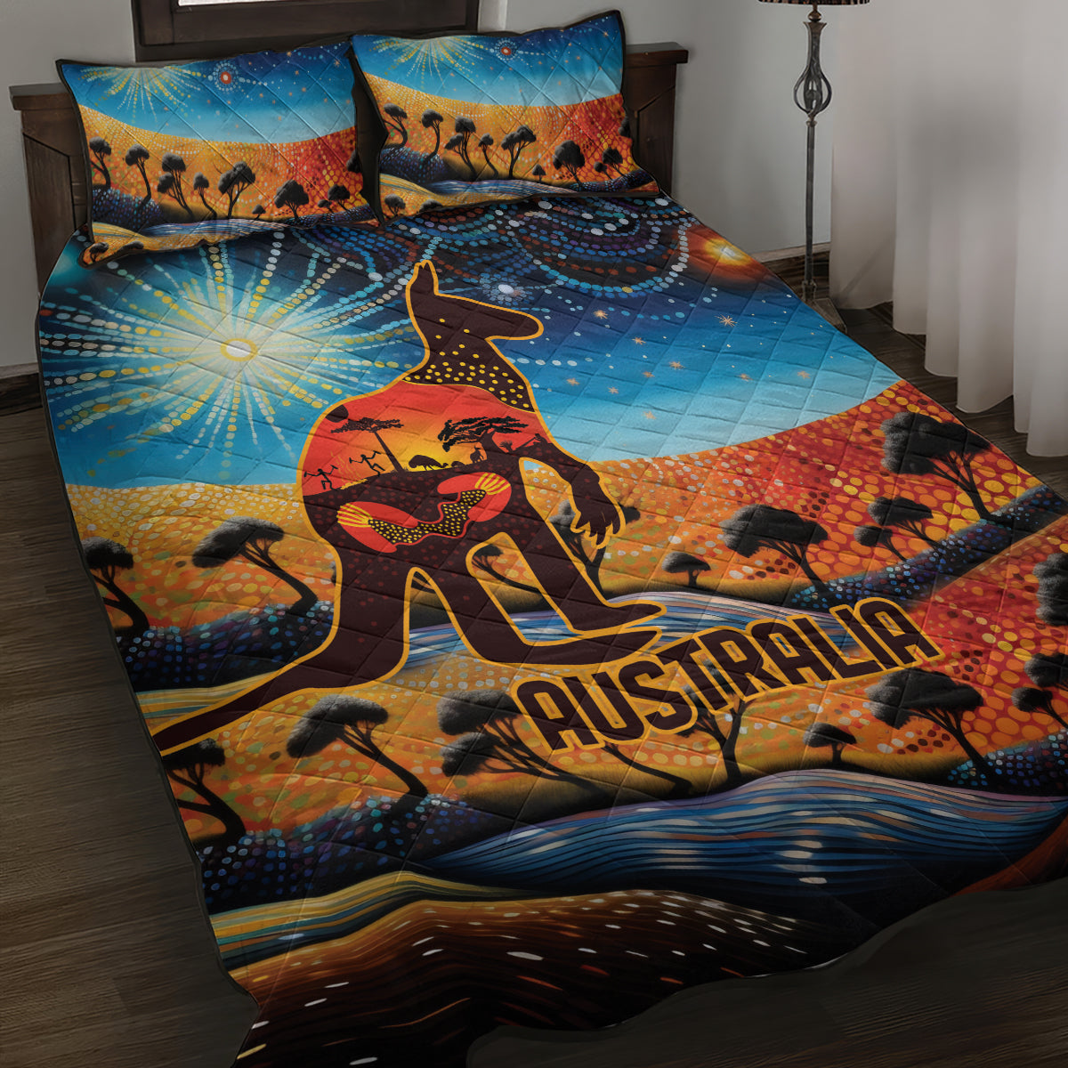 Aboriginal Dots Stary Sky With Kangaroo Quilt Bed Set