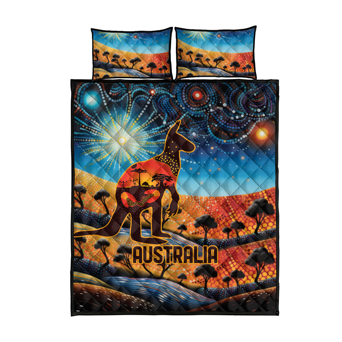 Aboriginal Dots Stary Sky With Kangaroo Quilt Bed Set