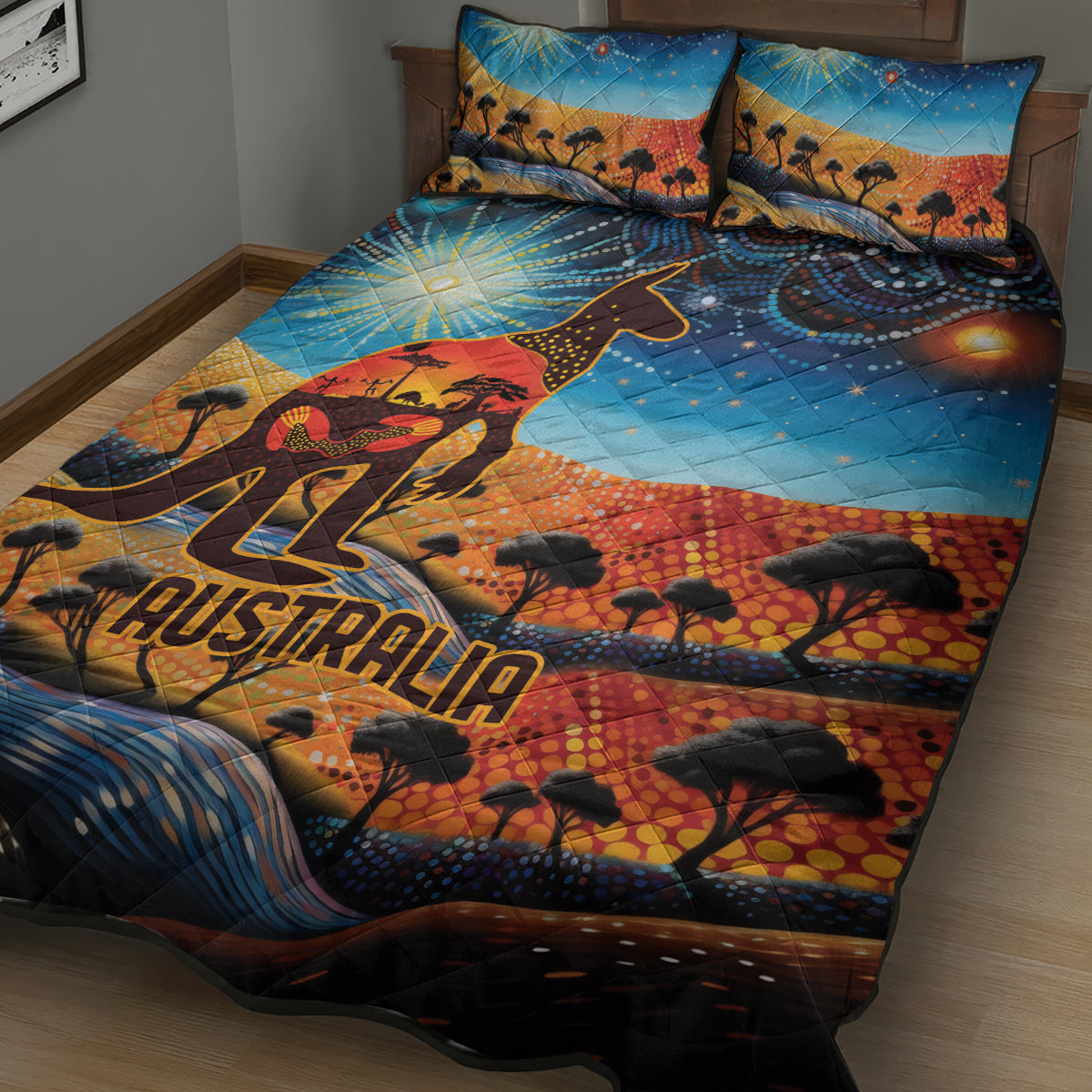 Aboriginal Dots Stary Sky With Kangaroo Quilt Bed Set