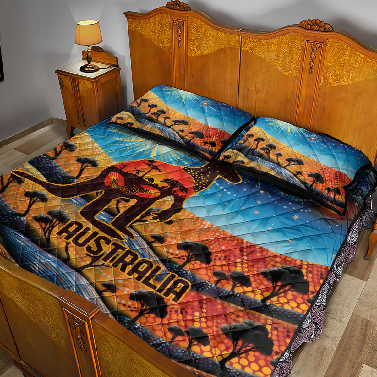 Aboriginal Dots Stary Sky With Kangaroo Quilt Bed Set