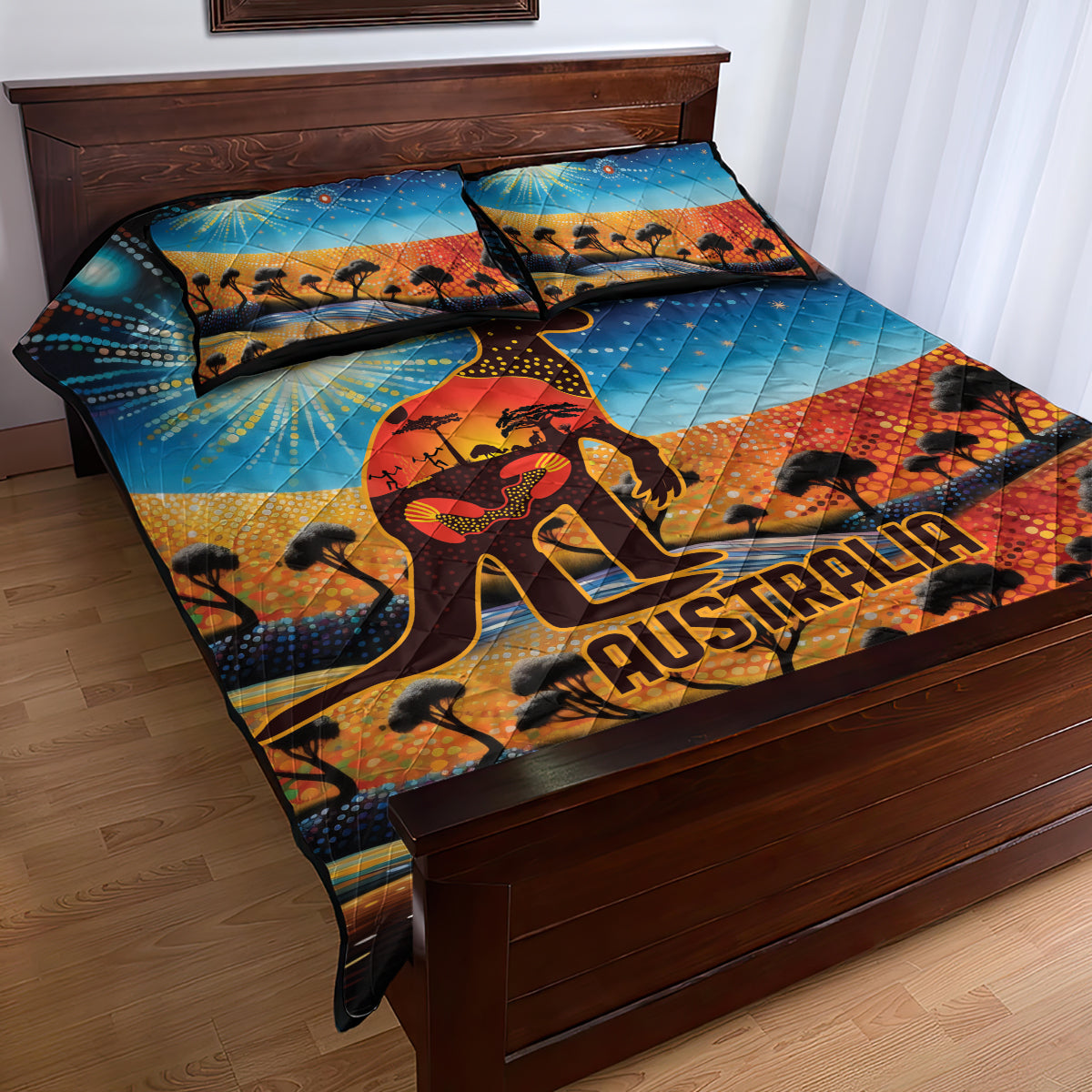 Aboriginal Dots Stary Sky With Kangaroo Quilt Bed Set