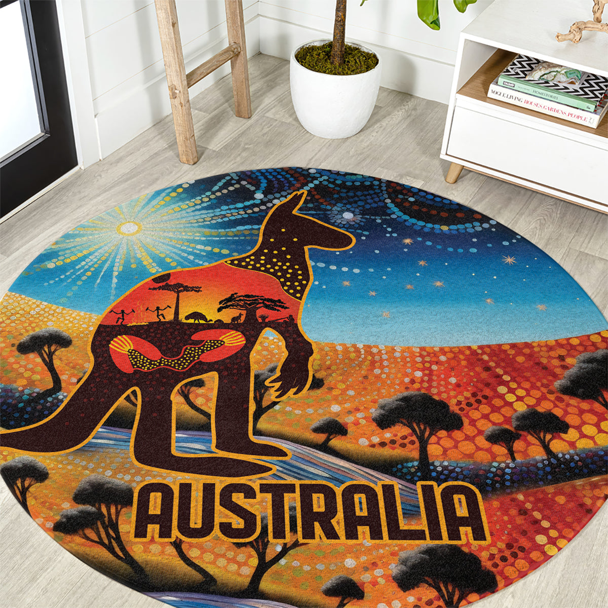 Aboriginal Dots Stary Sky With Kangaroo Round Carpet