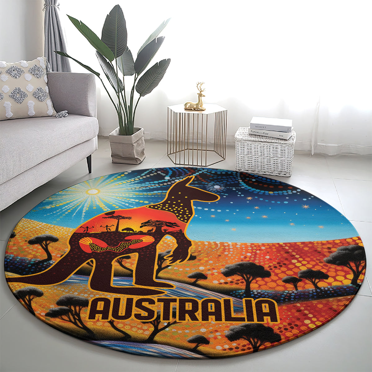 Aboriginal Dots Stary Sky With Kangaroo Round Carpet