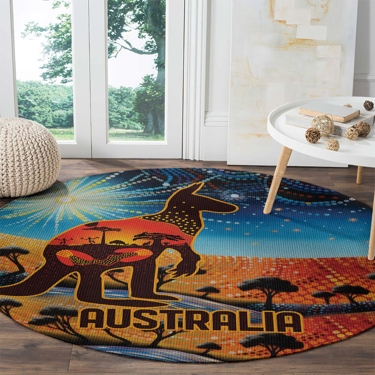 Aboriginal Dots Stary Sky With Kangaroo Round Carpet
