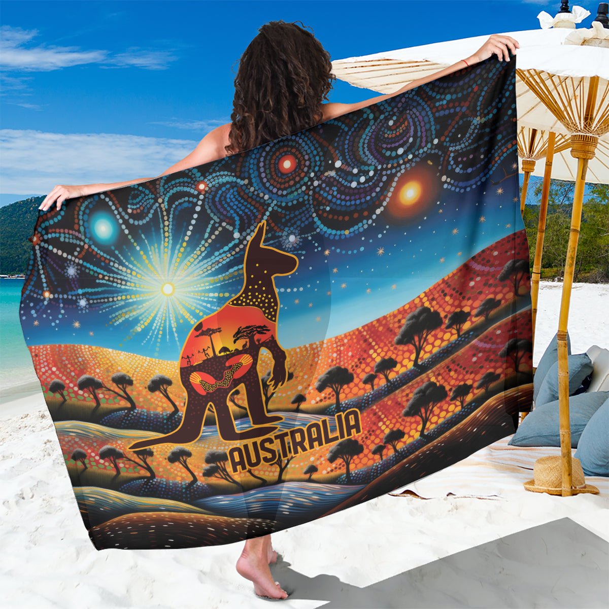 Aboriginal Dots Stary Sky With Kangaroo Sarong