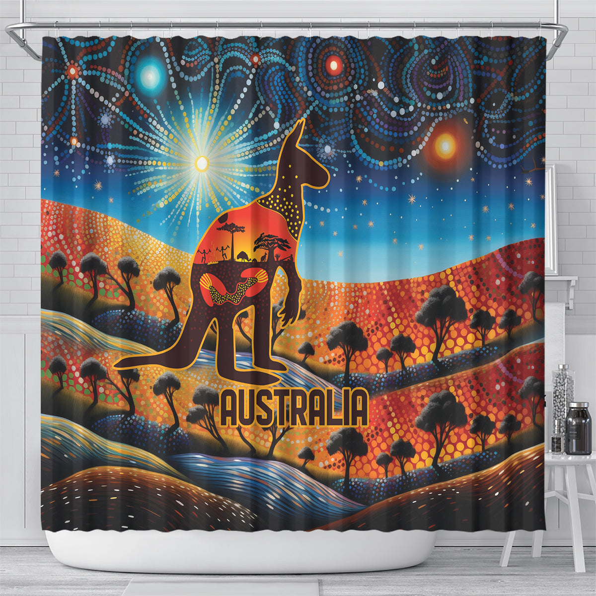 Aboriginal Dots Stary Sky With Kangaroo Shower Curtain