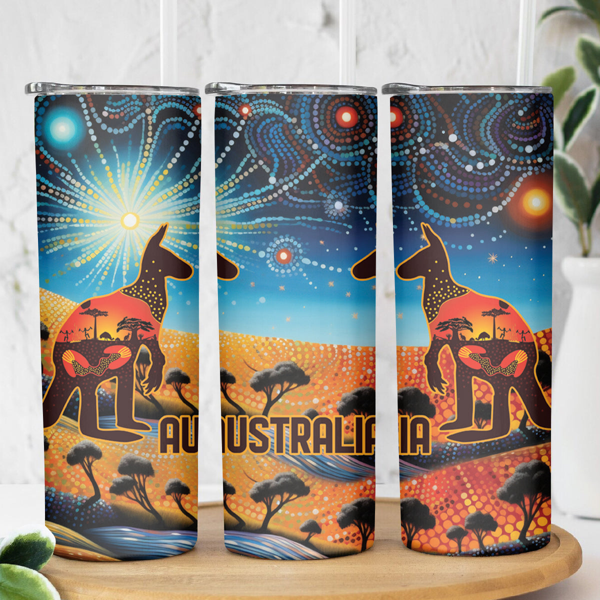 Aboriginal Dots Stary Sky With Kangaroo Skinny Tumbler