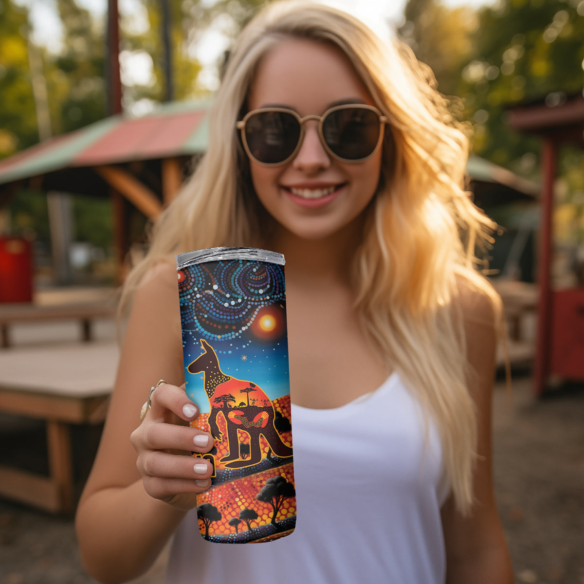 Aboriginal Dots Stary Sky With Kangaroo Skinny Tumbler