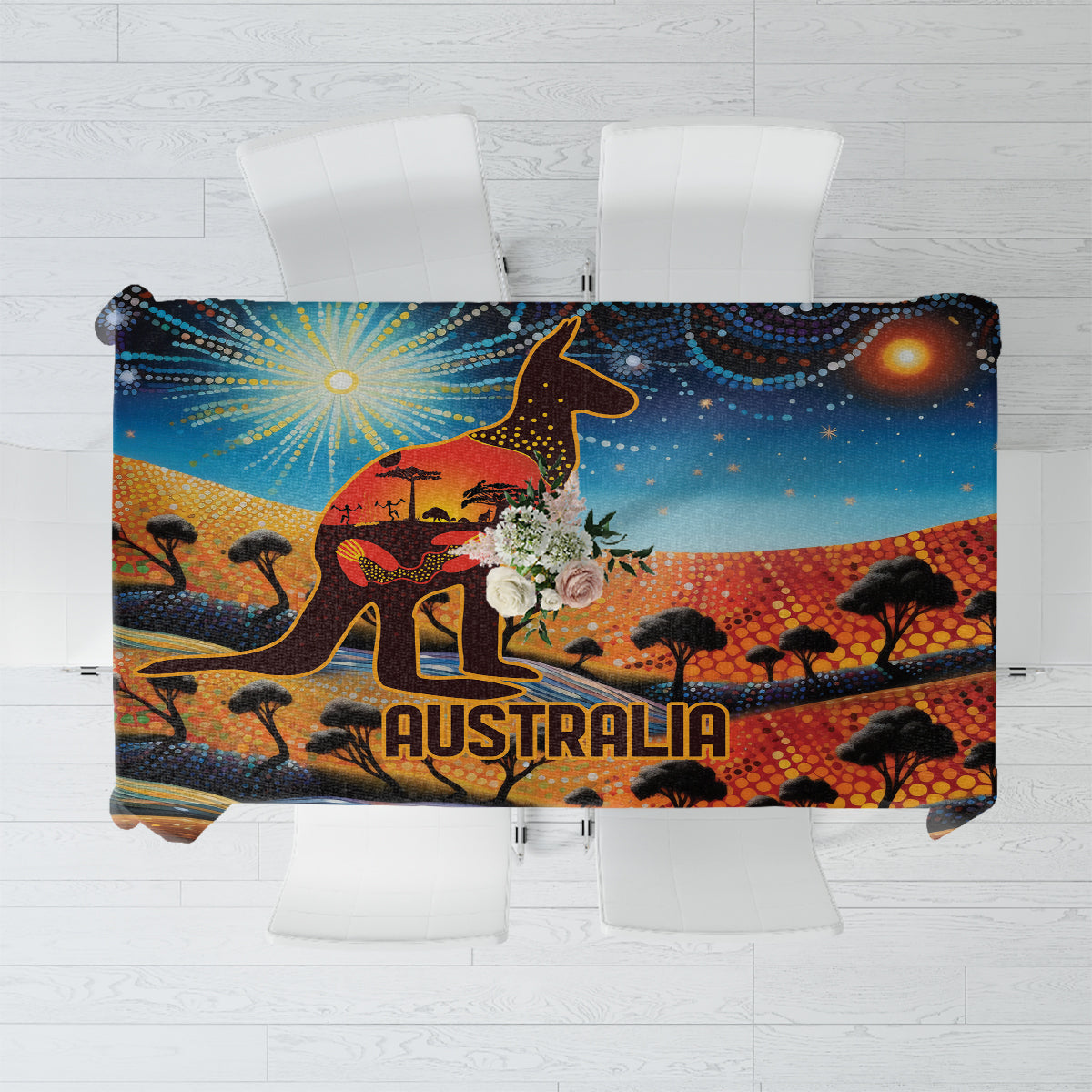 Aboriginal Dots Stary Sky With Kangaroo Tablecloth