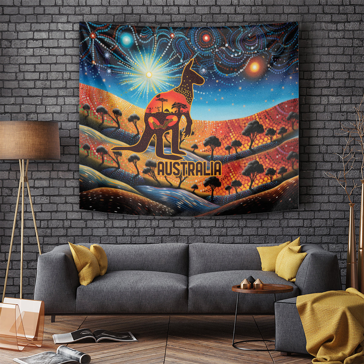 Aboriginal Dots Stary Sky With Kangaroo Tapestry