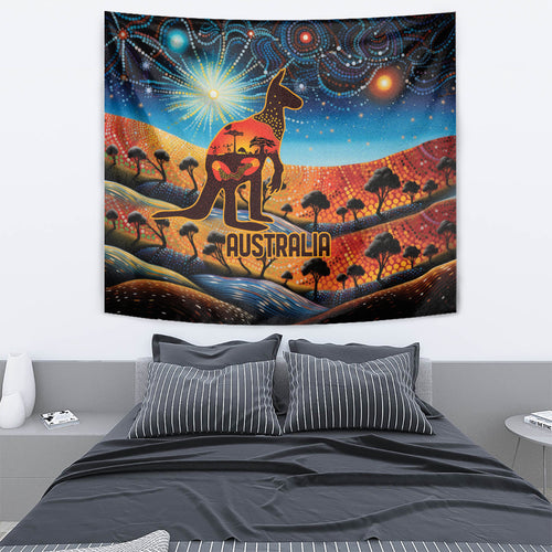 Aboriginal Dots Stary Sky With Kangaroo Tapestry