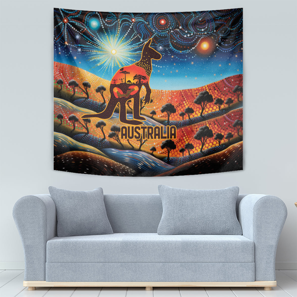 Aboriginal Dots Stary Sky With Kangaroo Tapestry