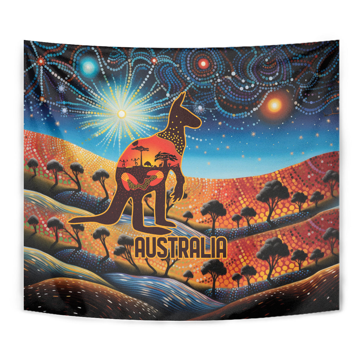 Aboriginal Dots Stary Sky With Kangaroo Tapestry