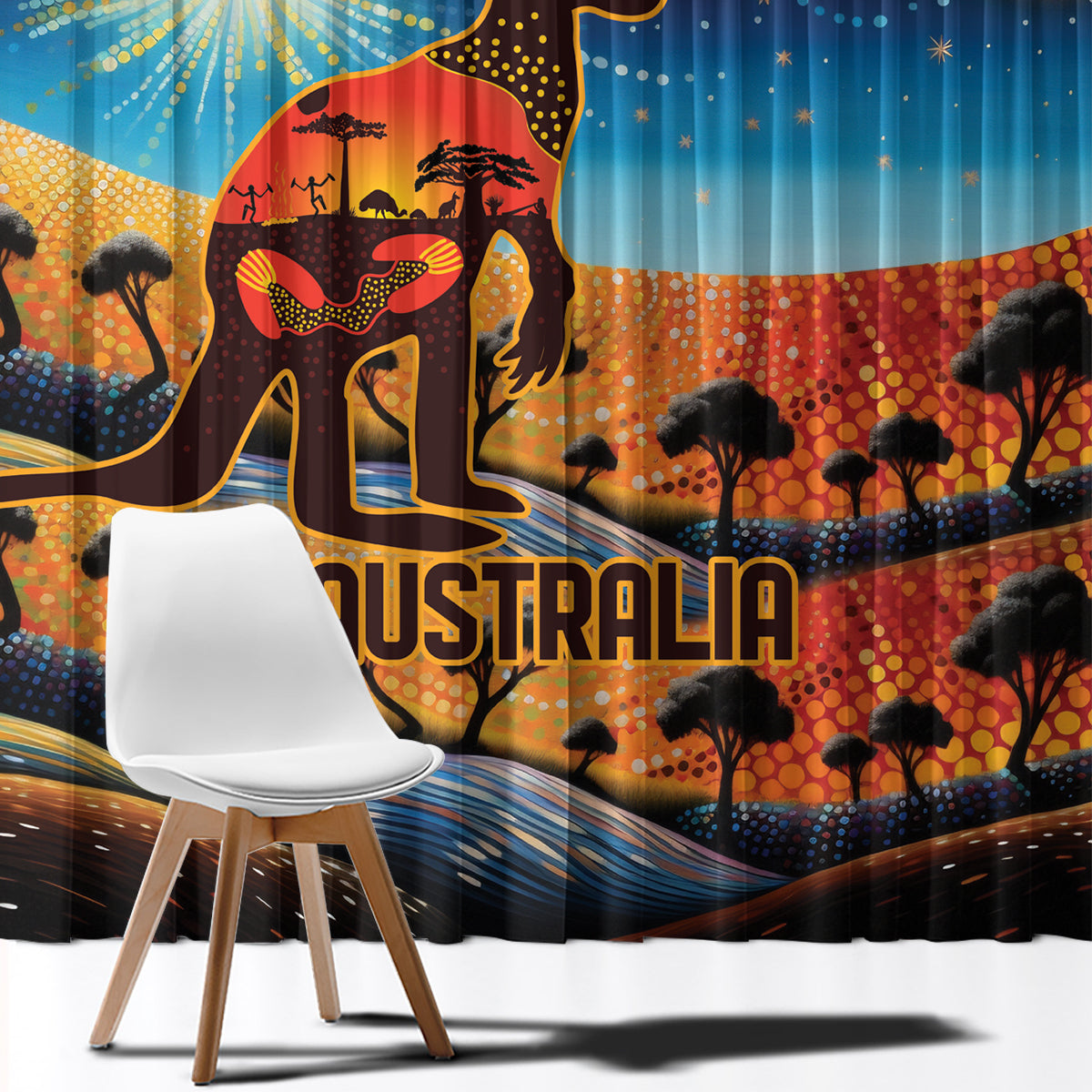 Aboriginal Dots Stary Sky With Kangaroo Window Curtain
