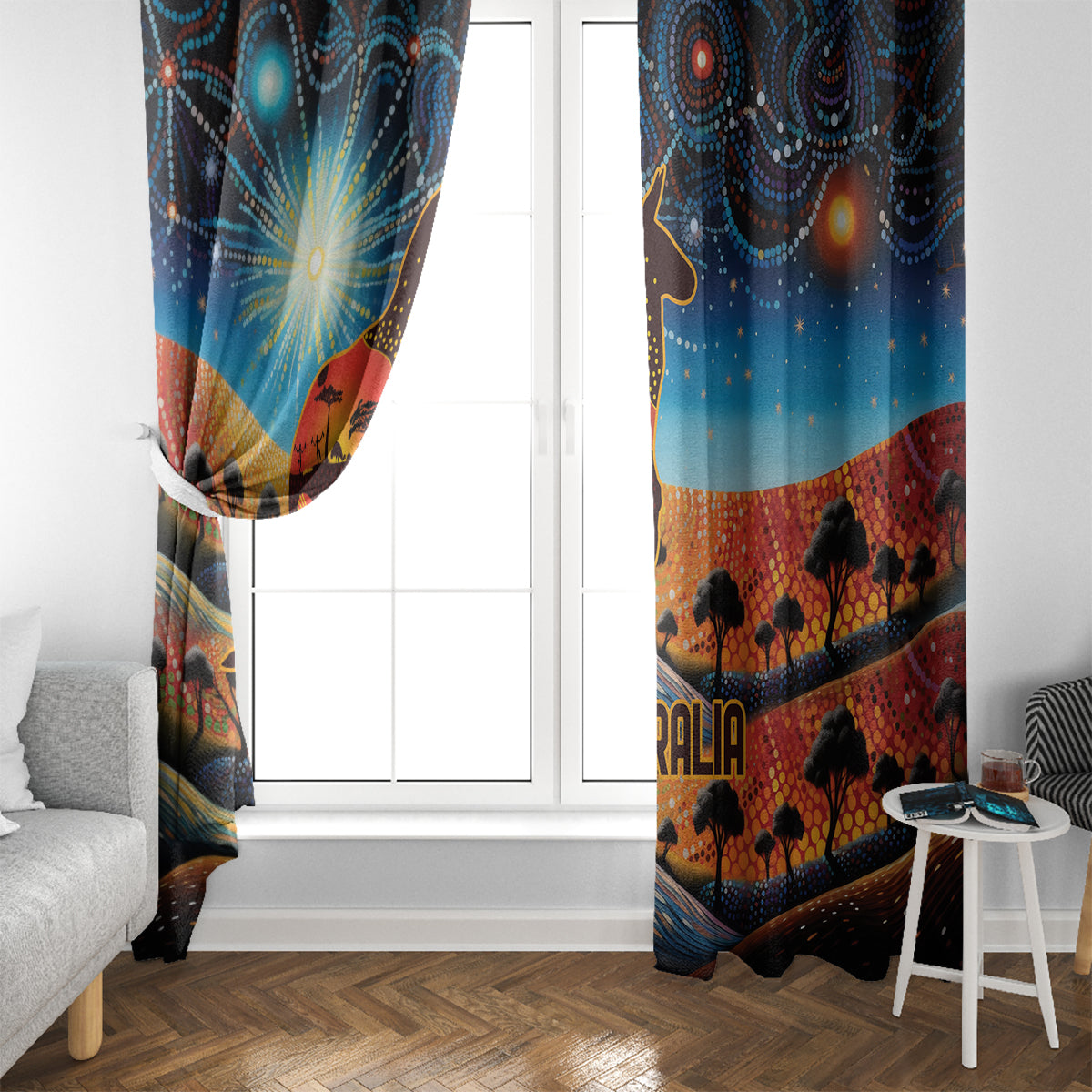 Aboriginal Dots Stary Sky With Kangaroo Window Curtain