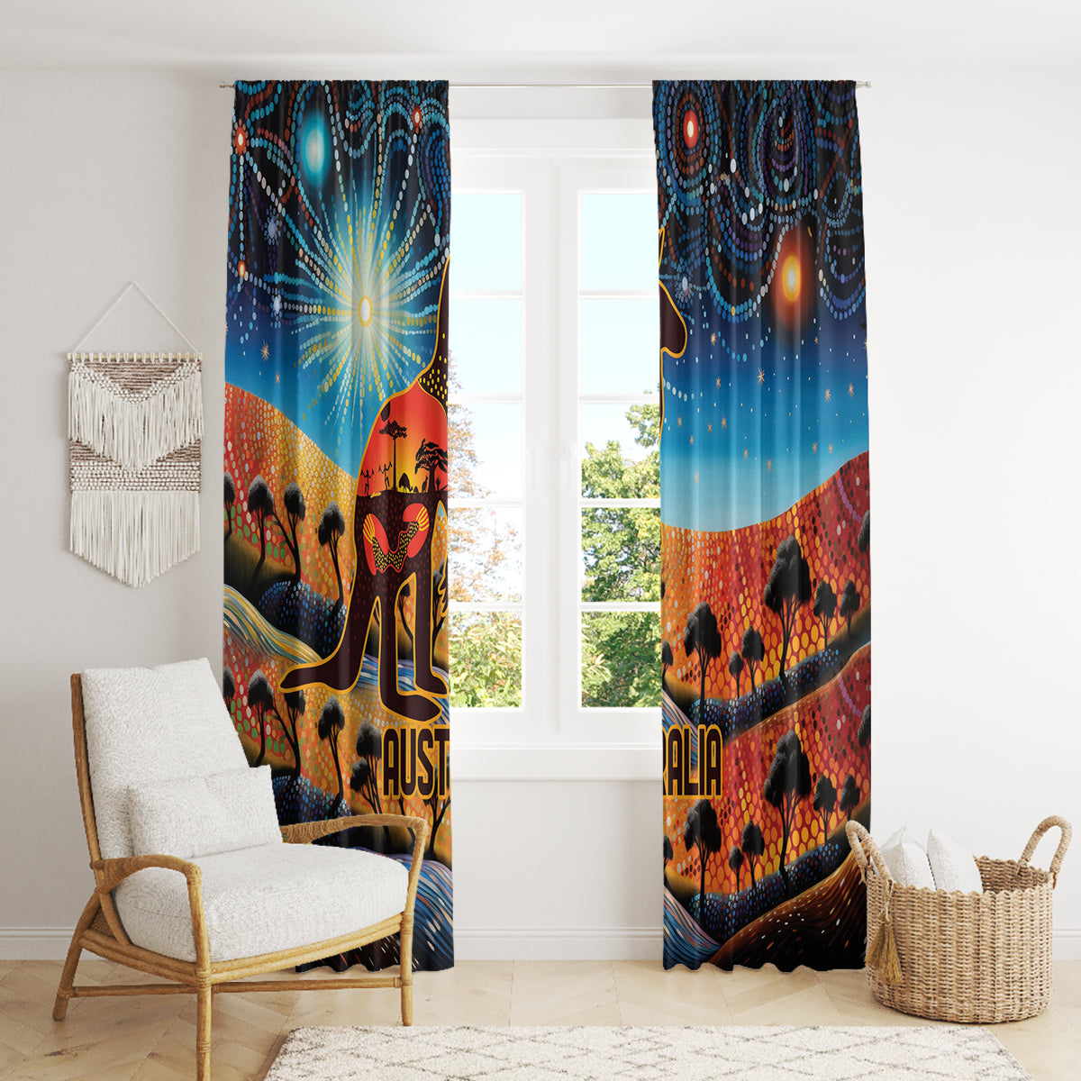 Aboriginal Dots Stary Sky With Kangaroo Window Curtain