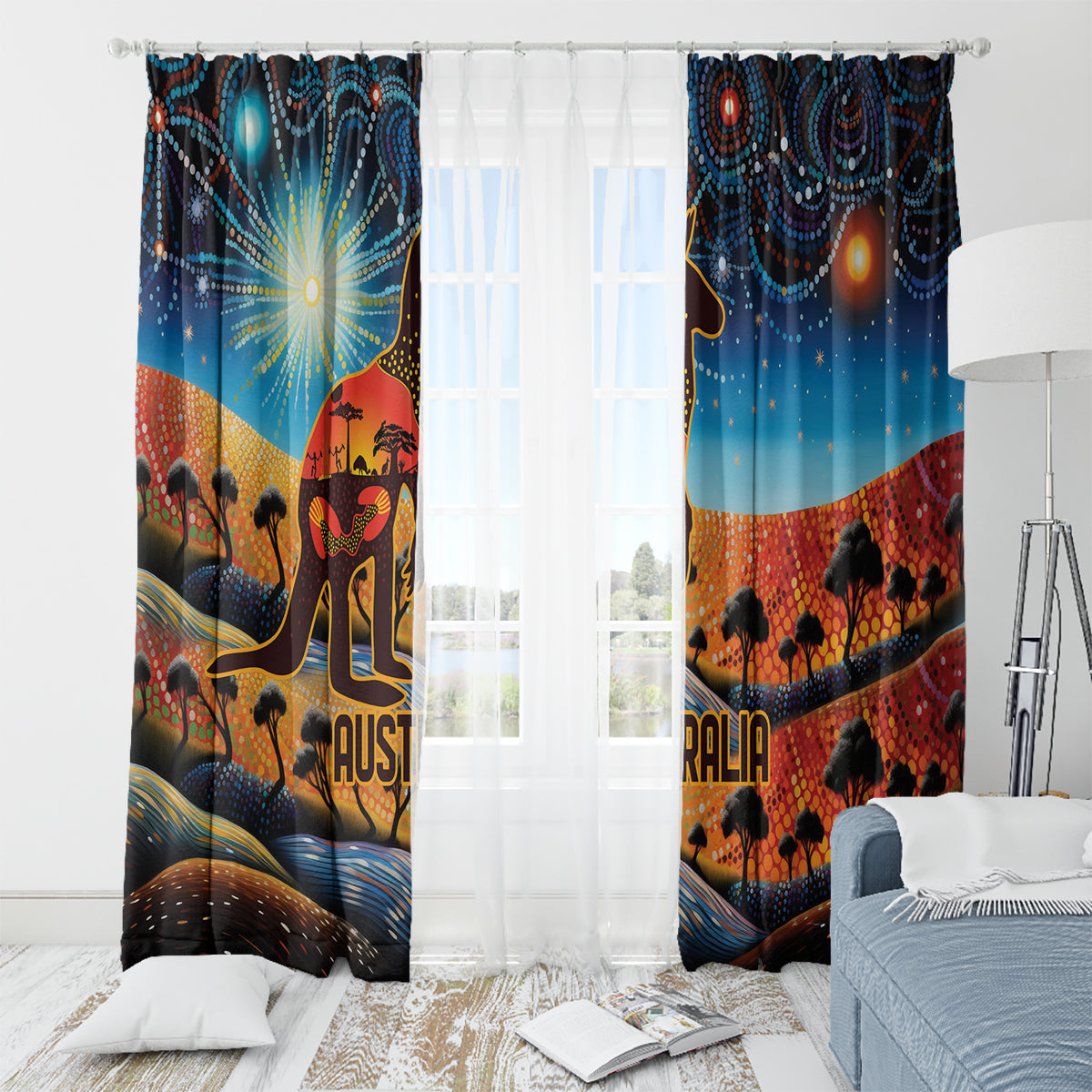 Aboriginal Dots Stary Sky With Kangaroo Window Curtain
