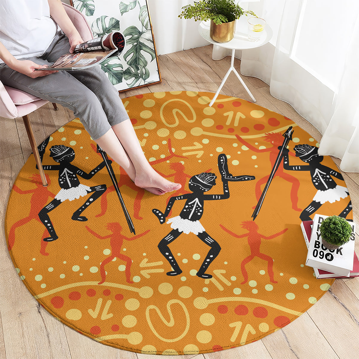 Aboriginal People Dancing Dot Styles Round Carpet