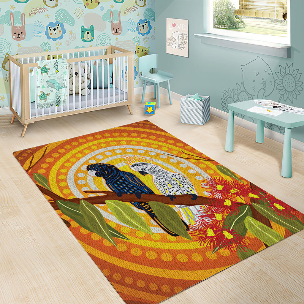 Black and White Cockatoo Birds Aboriginal Art Area Rug