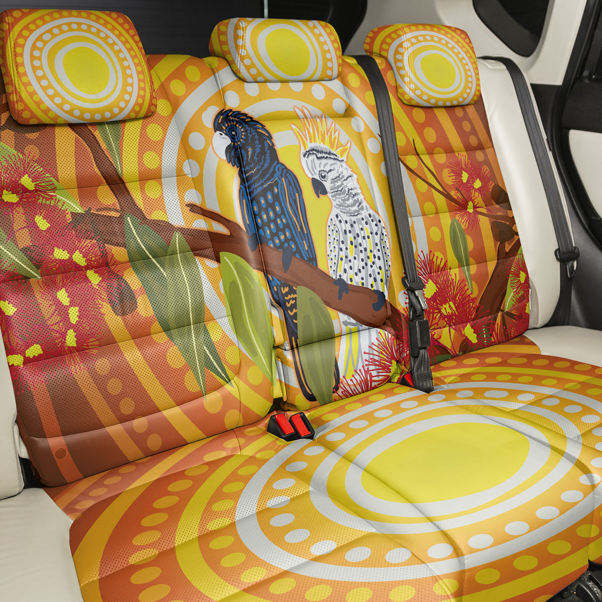 Black and White Cockatoo Birds Aboriginal Art Back Car Seat Cover