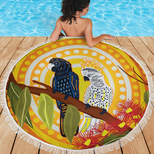 Black and White Cockatoo Birds Aboriginal Art Beach Blanket