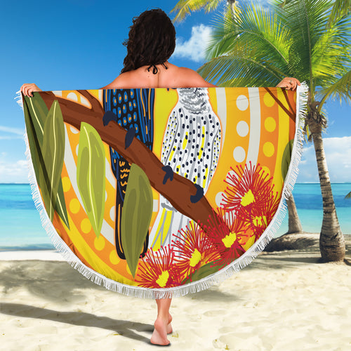 Black and White Cockatoo Birds Aboriginal Art Beach Blanket