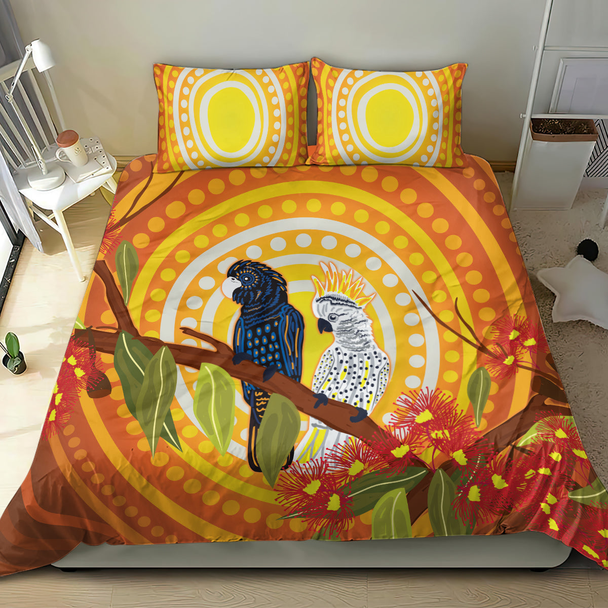 Black and White Cockatoo Birds Aboriginal Art Bedding Set