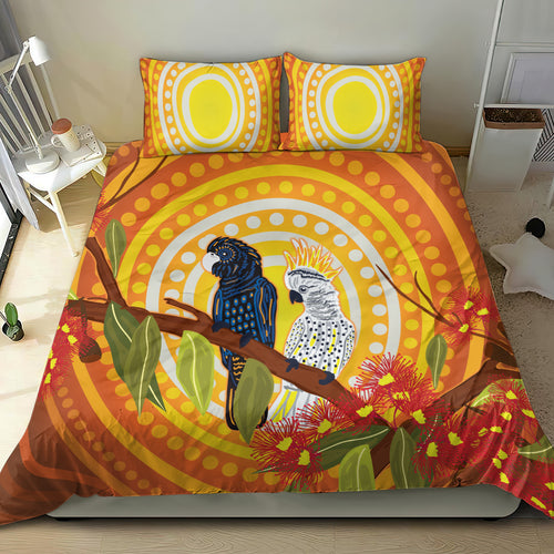 Black and White Cockatoo Birds Aboriginal Art Bedding Set
