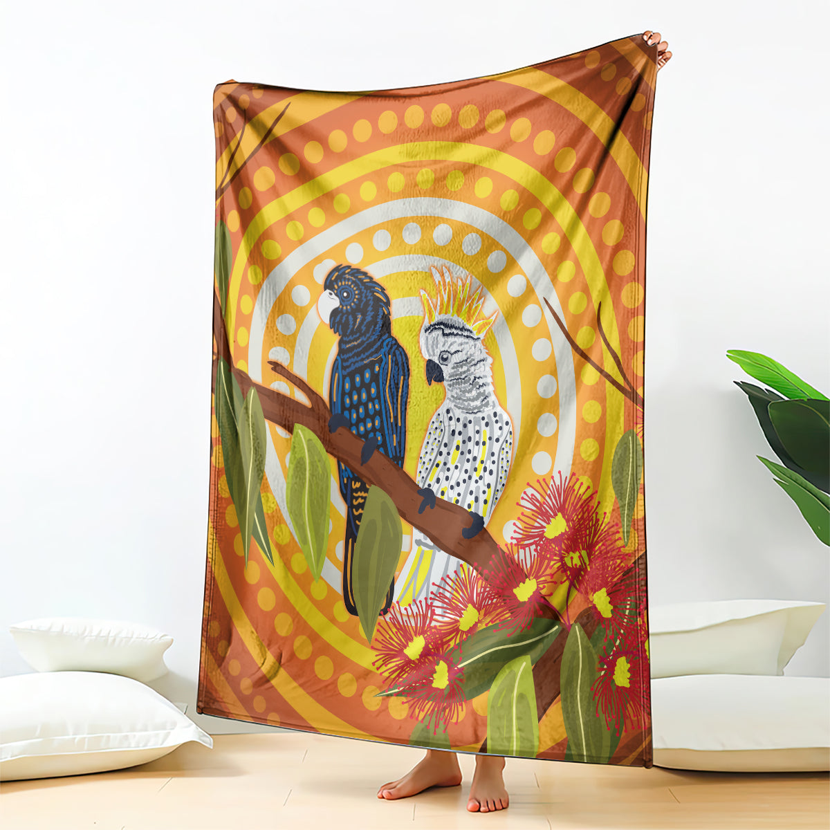 Black and White Cockatoo Birds Aboriginal Art Blanket