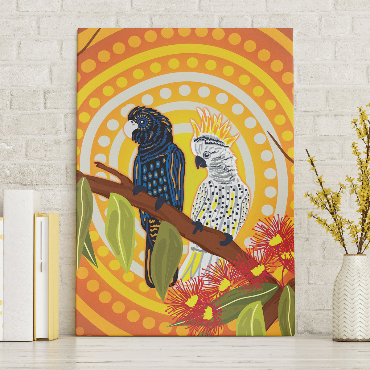 Black and White Cockatoo Birds Aboriginal Art Canvas Wall Art