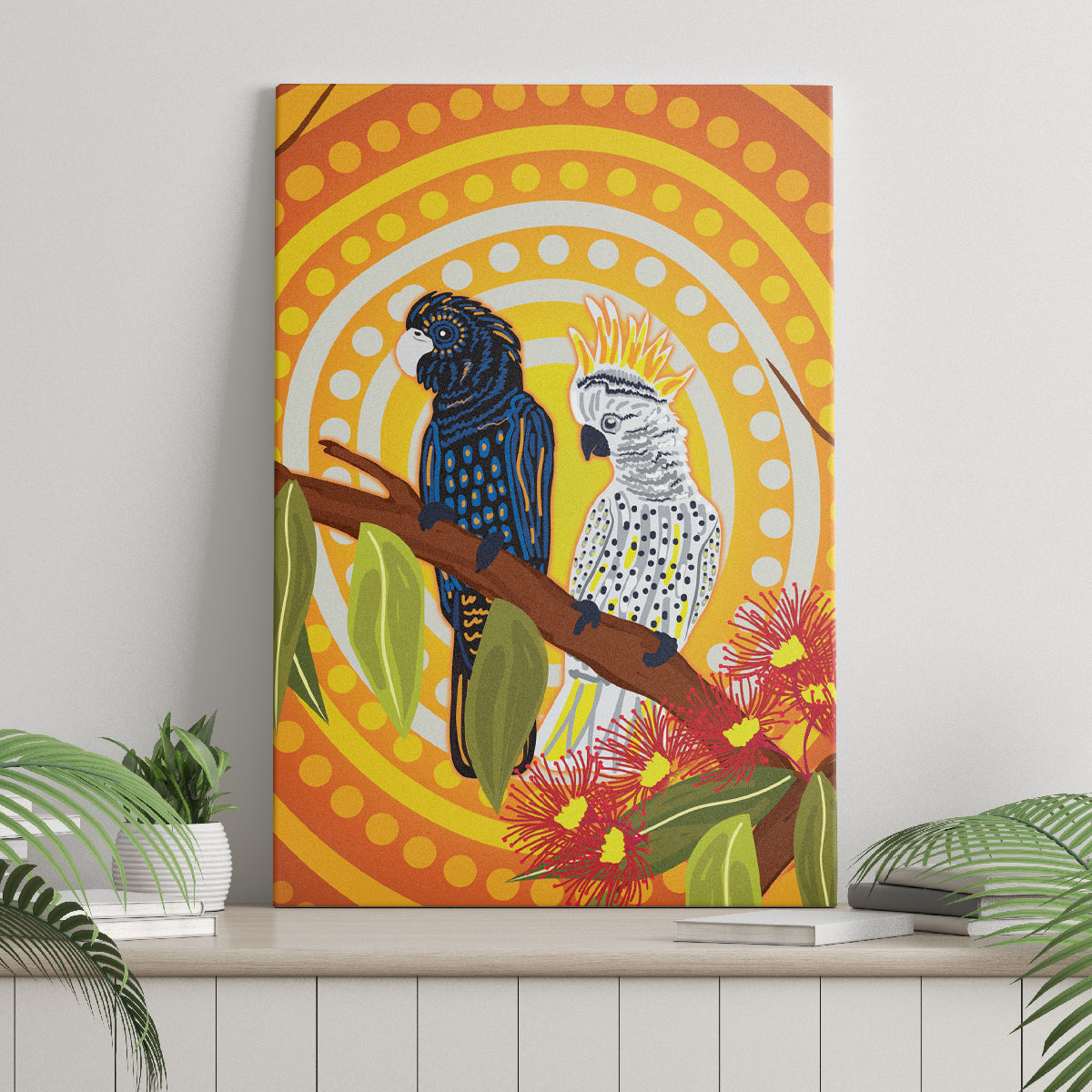 Black and White Cockatoo Birds Aboriginal Art Canvas Wall Art