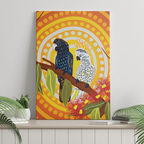 Black and White Cockatoo Birds Aboriginal Art Canvas Wall Art